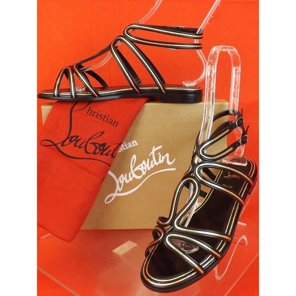 NIB LOUBOUTIN ZENOSANDY BLACK LEATHER CAGED BUCKLES FLATS GLADIATOR SANDALS 38.5 - Picture 3 of 12